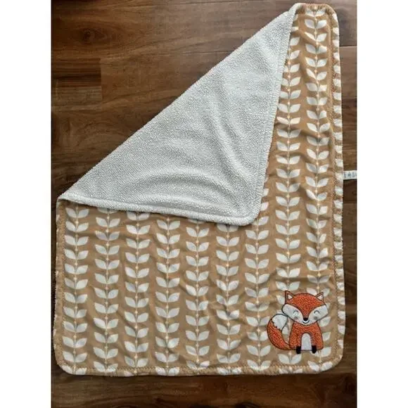 Carter’s Orange Fox & White Leaves Sherpa Tan Baby Blanket 30" x 40" - Picture 2 of 6